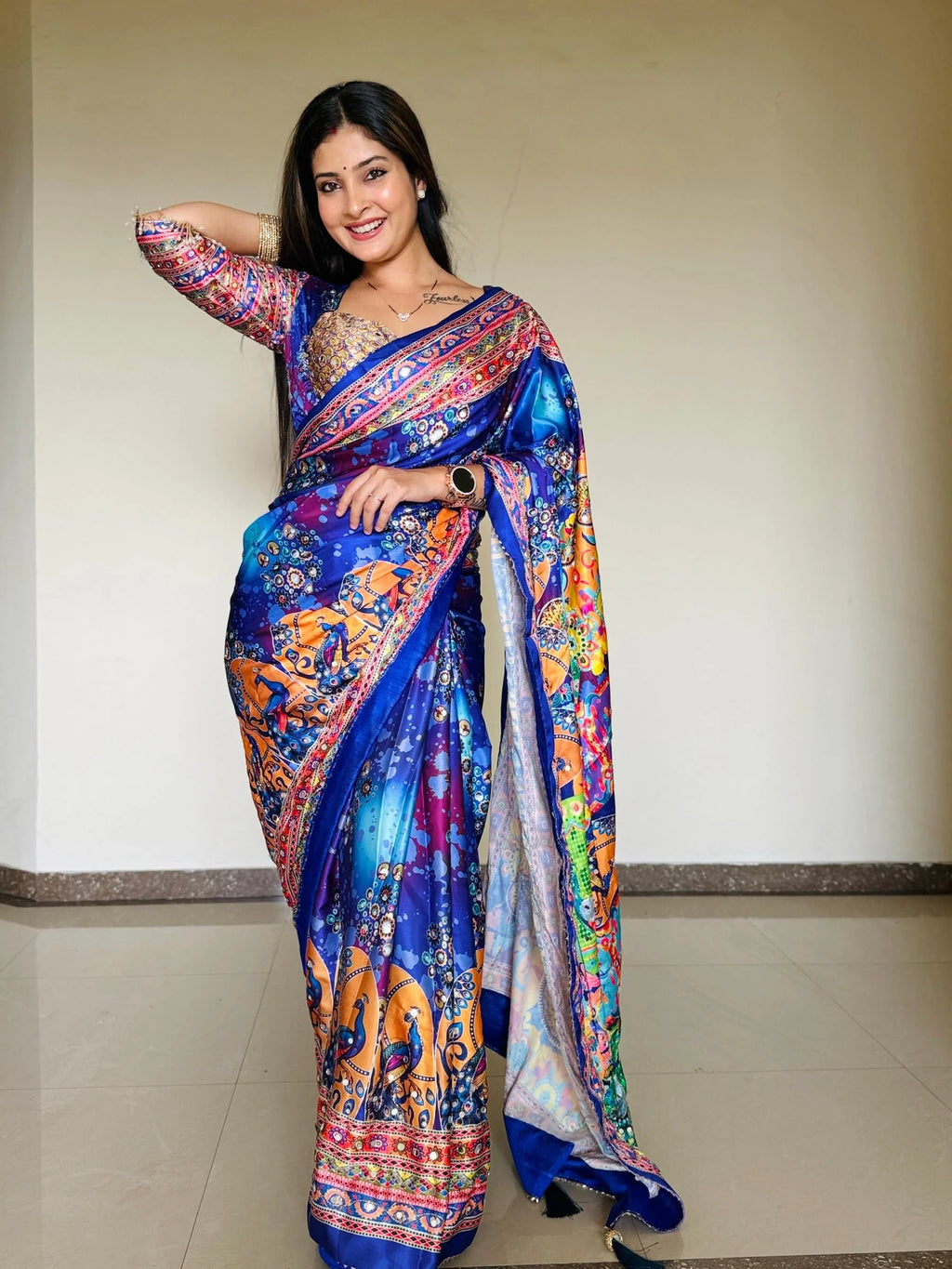 Zephyr Multicolor Chinon Silk Printed Mirror Work Saree - BLUE