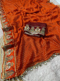 Designer Viscose Saree with Multicolour Thread & Mirror Work- ORANGE