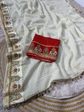 Designer Viscose Saree with Multicolour Thread & Mirror Work-WHITE