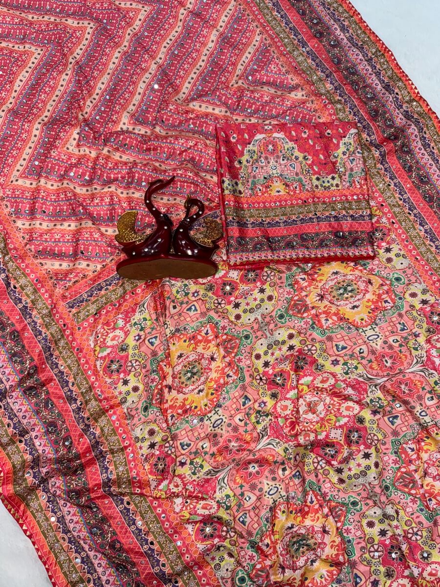 Fantabulous Multicolor Chinon Silk Printed Mirror Work Saree
