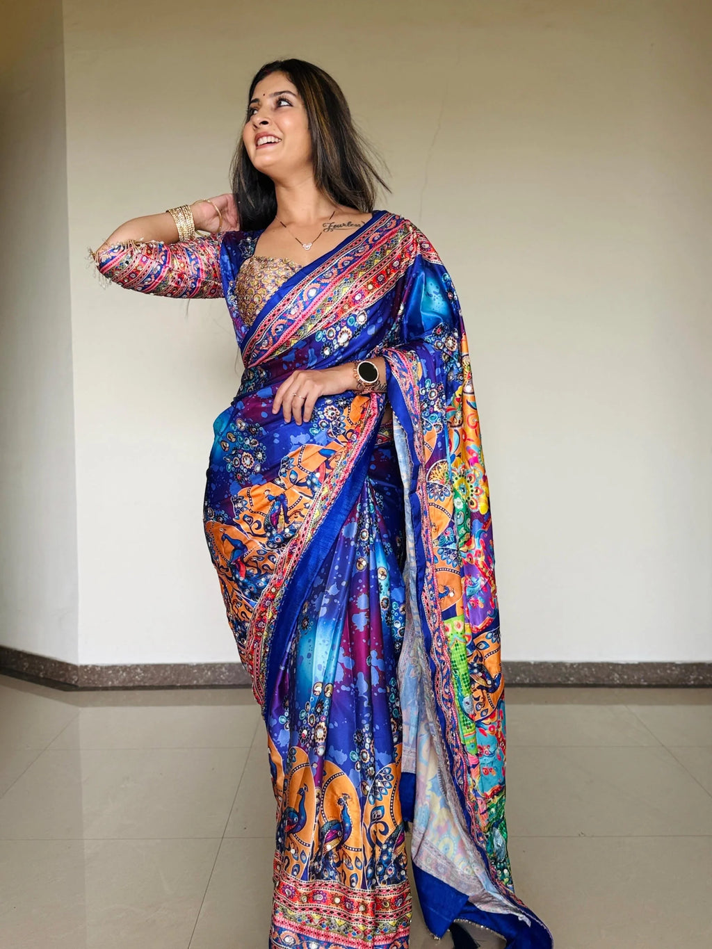 Zephyr Multicolor Chinon Silk Printed Mirror Work Saree - BLUE