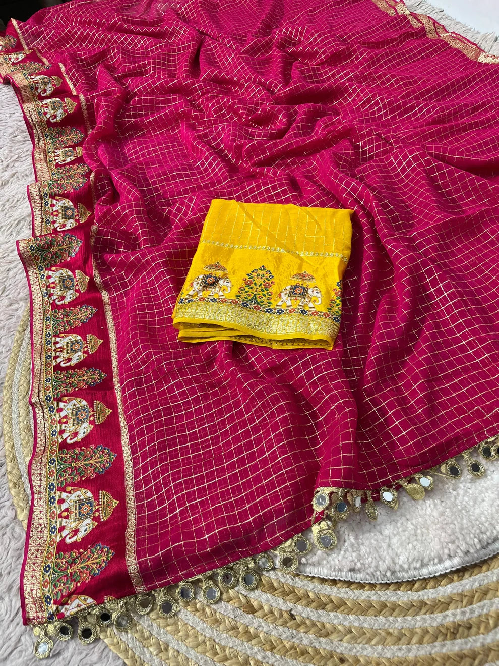 Designer Viscose Saree with Multicolour Thread & Mirror Work-PINK
