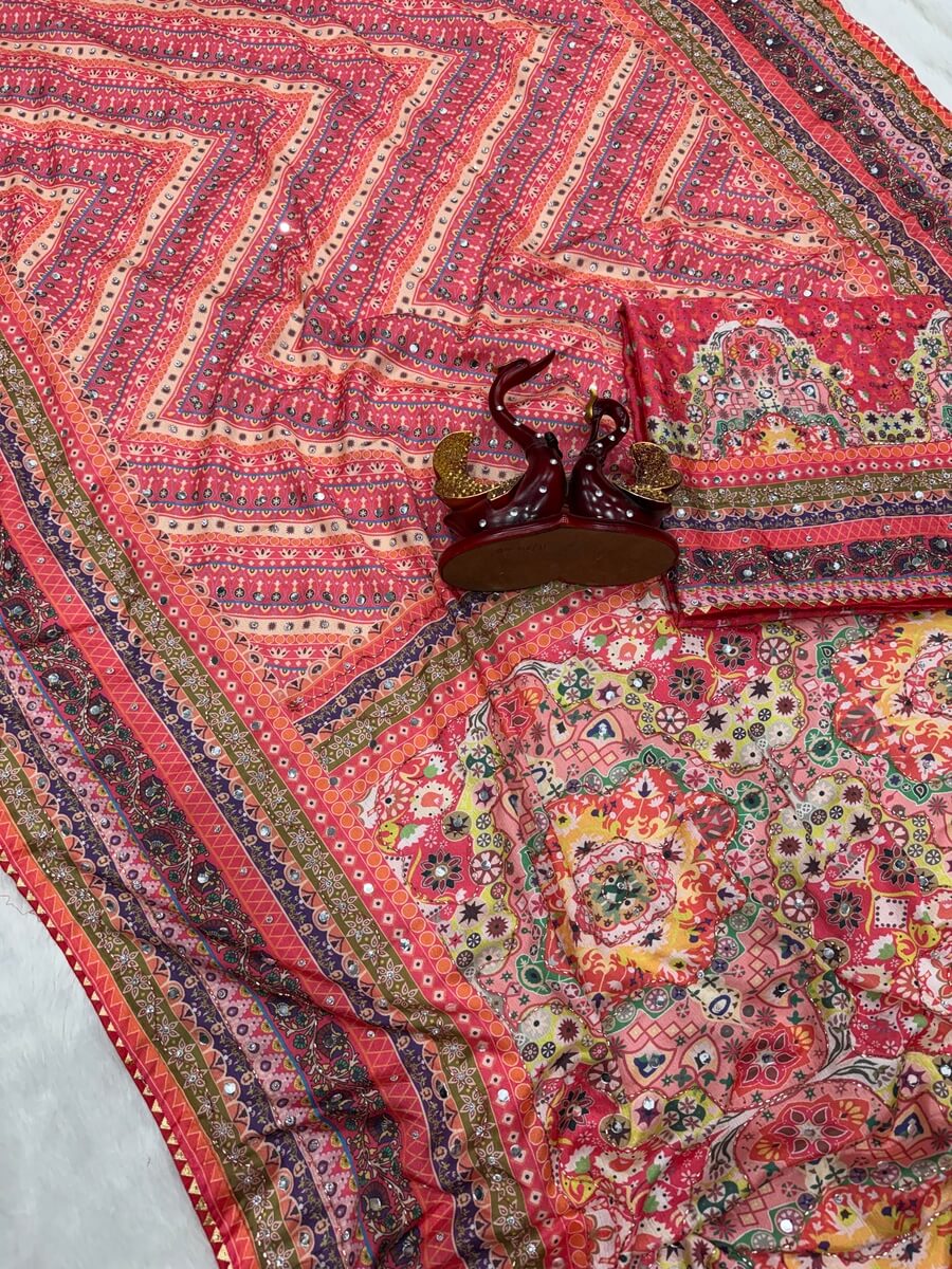Fantabulous Multicolor Chinon Silk Printed Mirror Work Saree