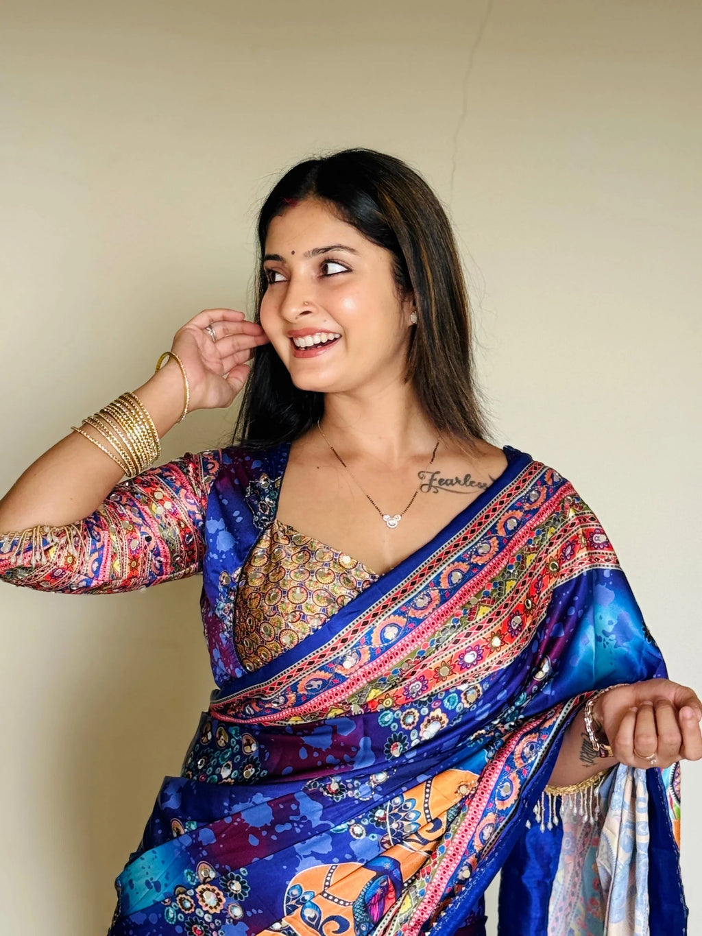 Zephyr Multicolor Chinon Silk Printed Mirror Work Saree - BLUE