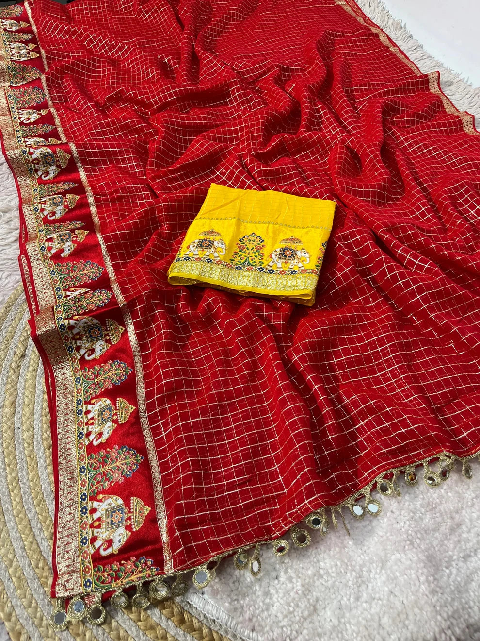 Designer Viscose Saree with Multicolour Thread & Mirror Work-RED