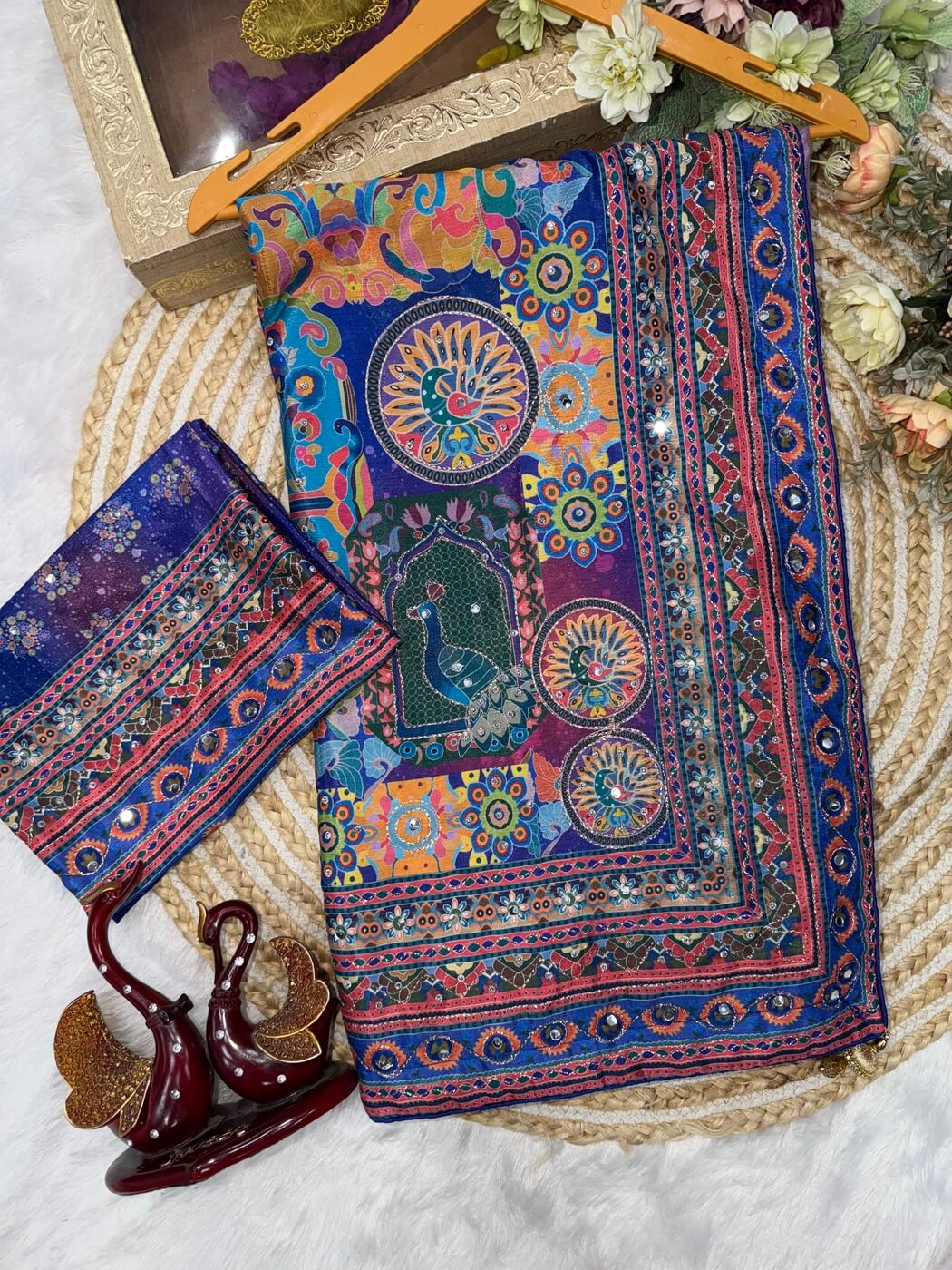 Zephyr Multicolor Chinon Silk Printed Mirror Work Saree - BLUE