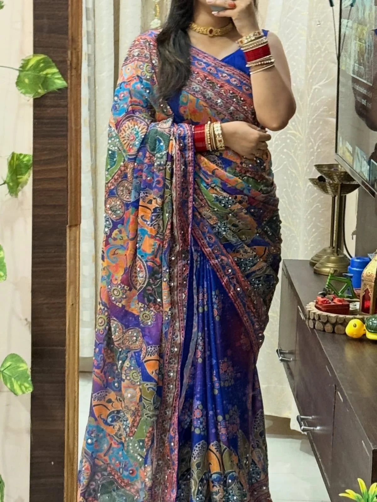 Angelic Multicolor Chinon Silk Printed Mirror Work Saree