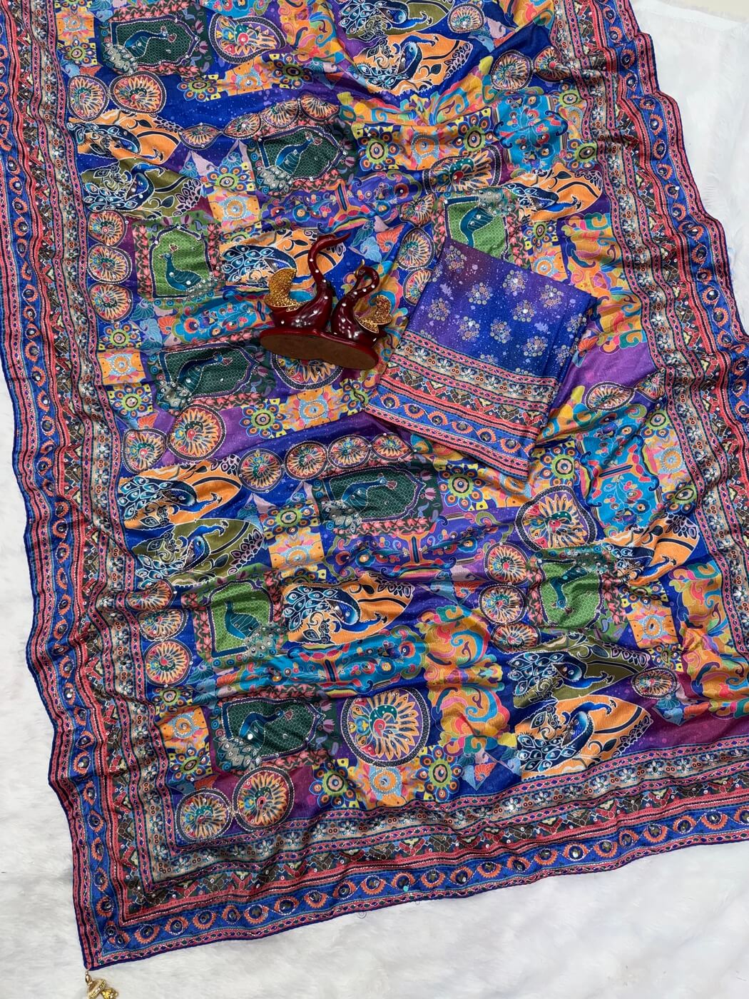 Zephyr Multicolor Chinon Silk Printed Mirror Work Saree - BLUE
