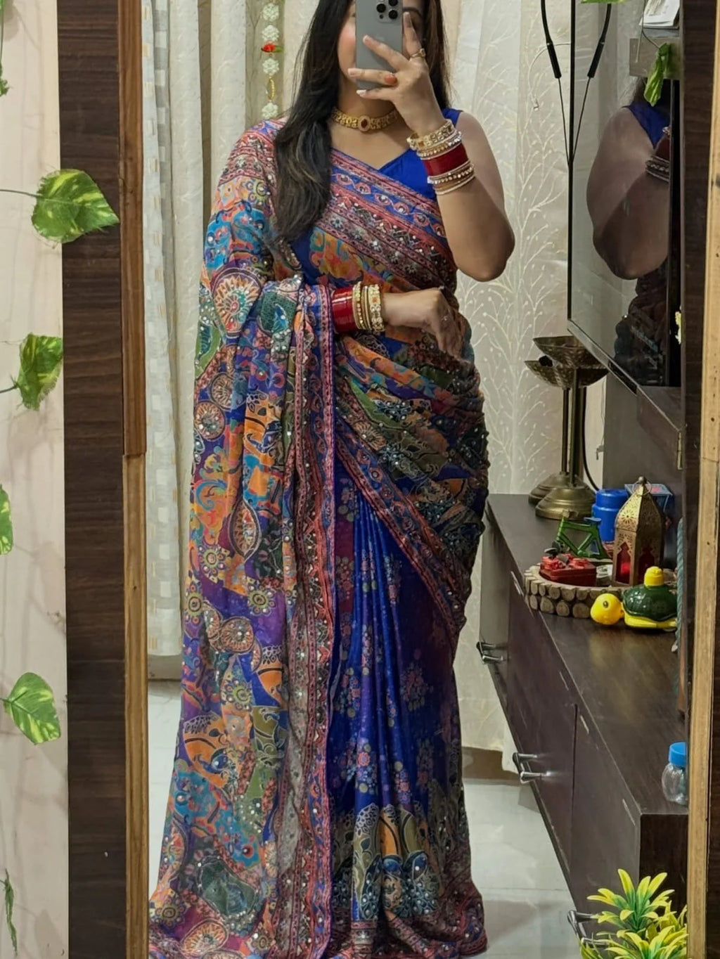 Angelic Multicolor Chinon Silk Printed Mirror Work Saree