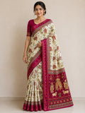 Temple-Tree Heritage Kalamkari Silk Saree with  Zari Border - RED