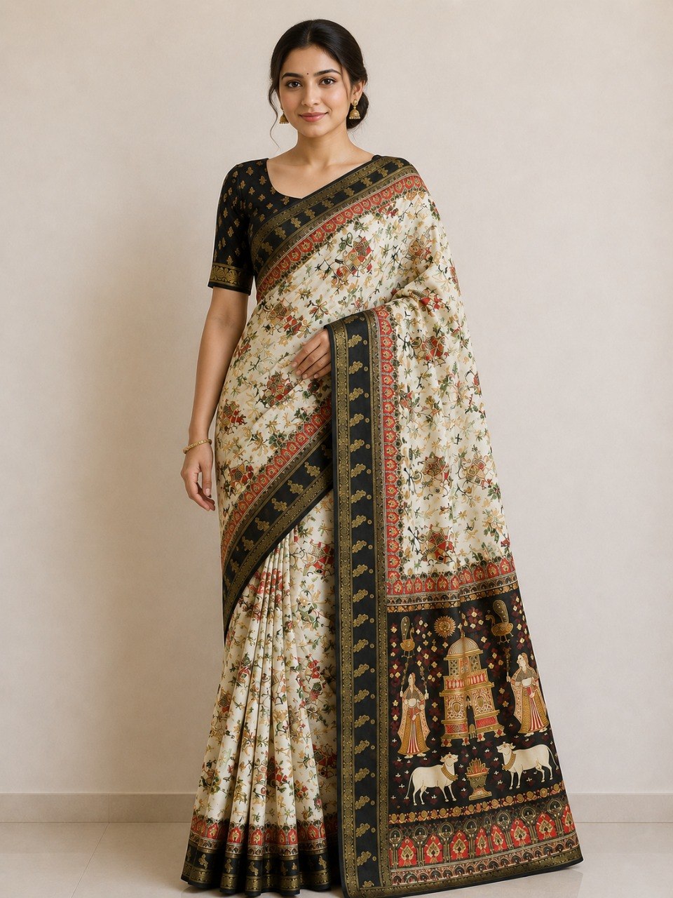 Temple-Tree Heritage Kalamkari Silk Saree with  Zari Border - BLACK