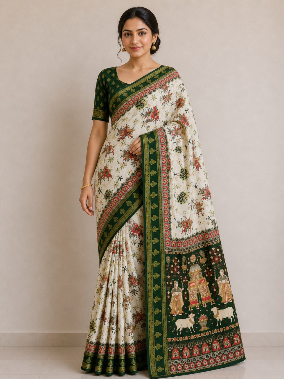 Temple-Tree Heritage Kalamkari Silk Saree with  Zari Border - GREEN