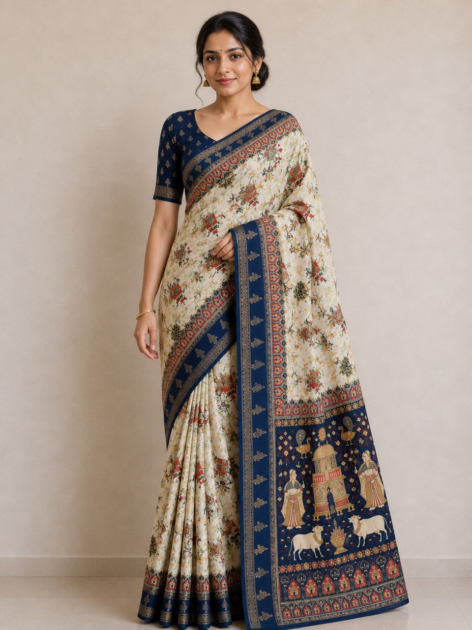 Temple-Tree Heritage Kalamkari Silk Saree with  Zari Border - BLUE