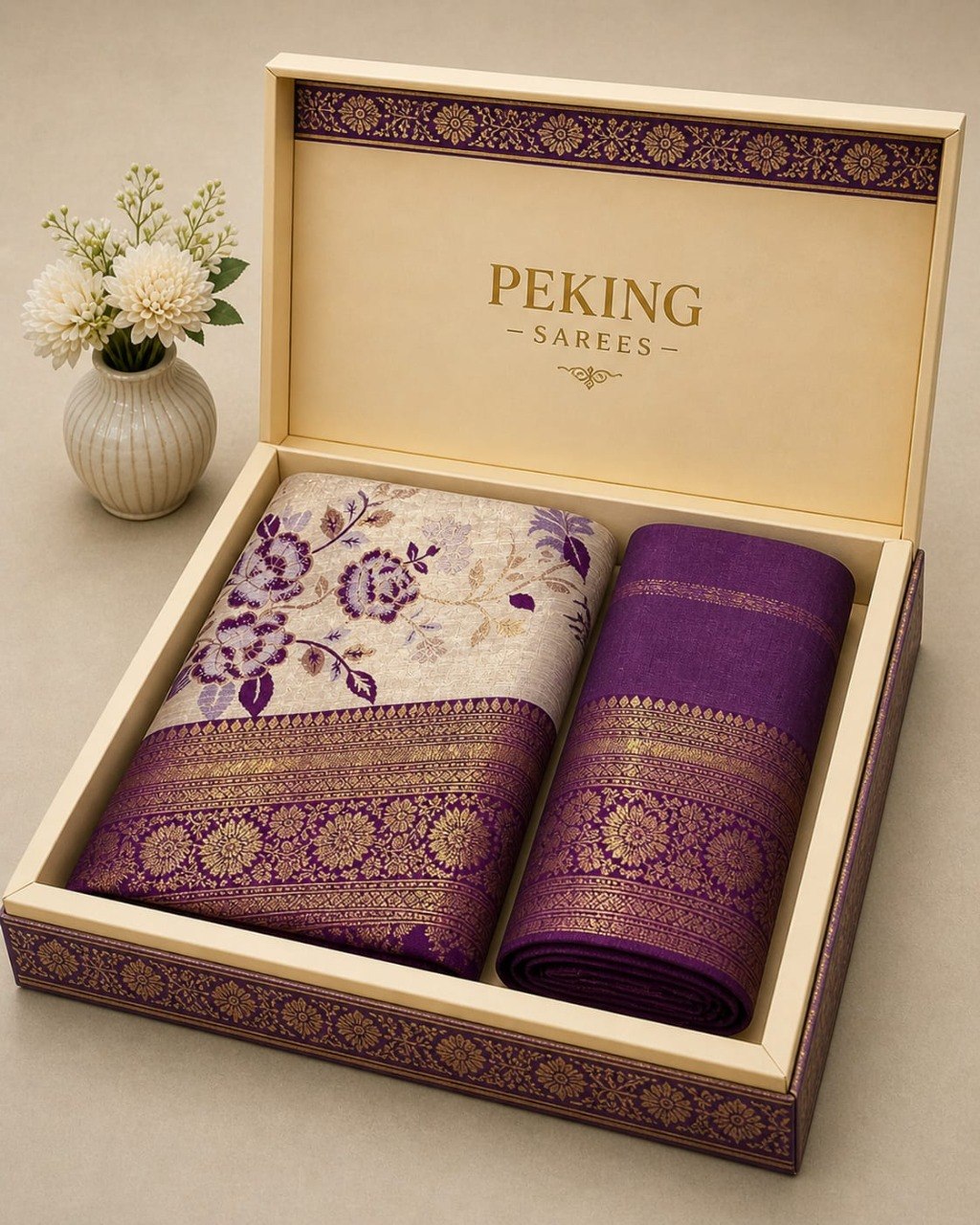 Elegant Floral Banarasi Silk Saree with Rich Zari Border & Pallu - PURPLE