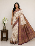 Classic Ivory Saree with Woven Zari Pallu - WINE