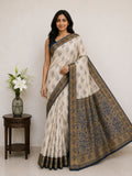 Classic Ivory Saree with Woven Zari Pallu - BLUE