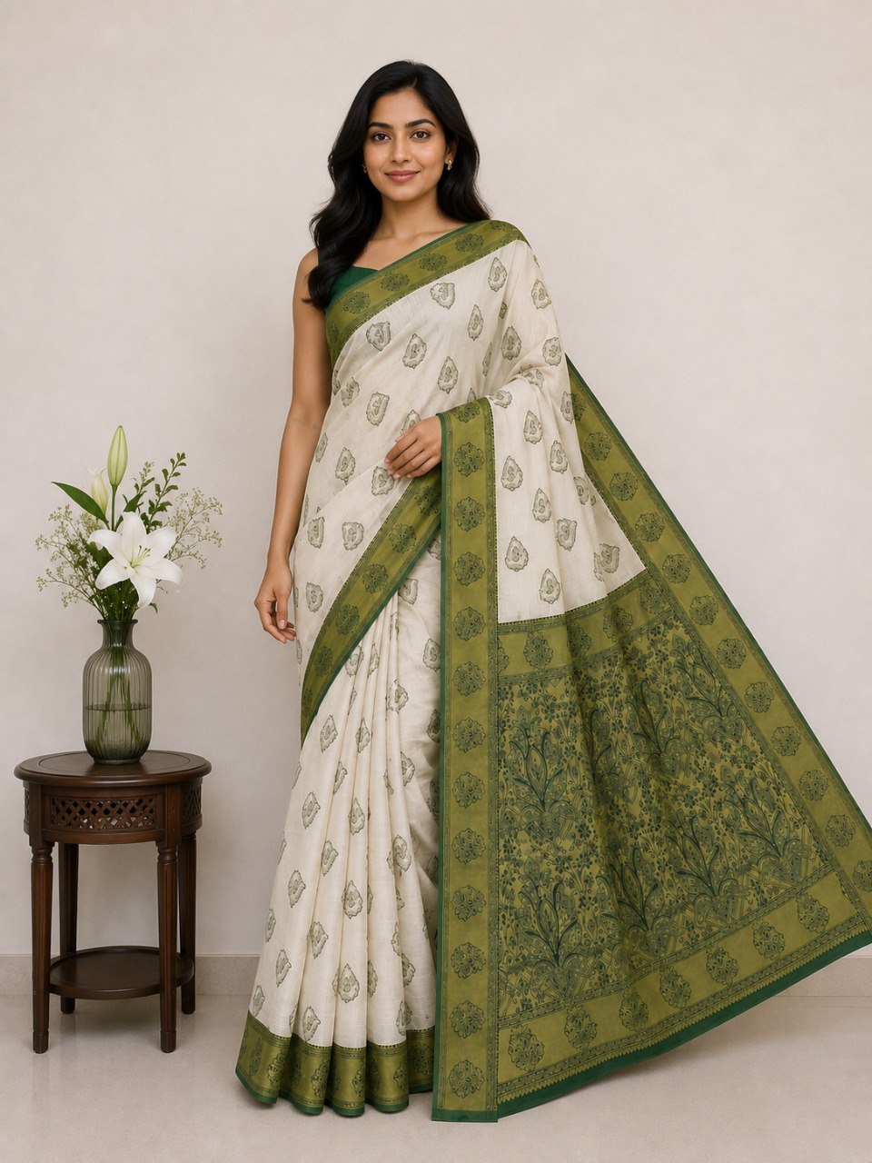 Classic Ivory Saree with Woven Zari Pallu - GREEN