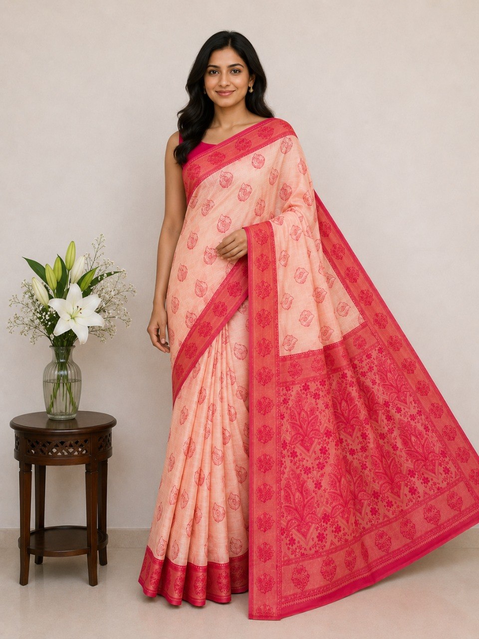 Classic Ivory Saree with Woven Zari Pallu -PINK