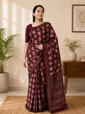 Emerald Heritage Soft Cotton Printed Saree with Elegant Zari Border - MAROON