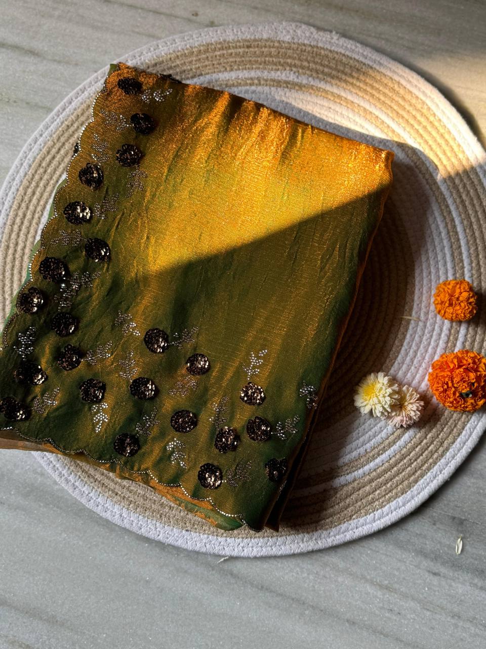 SUPER HIT HANDWORK WITH ZARKHAND DIAMOND 💎 WORK SAREE - LEMON YELLOW