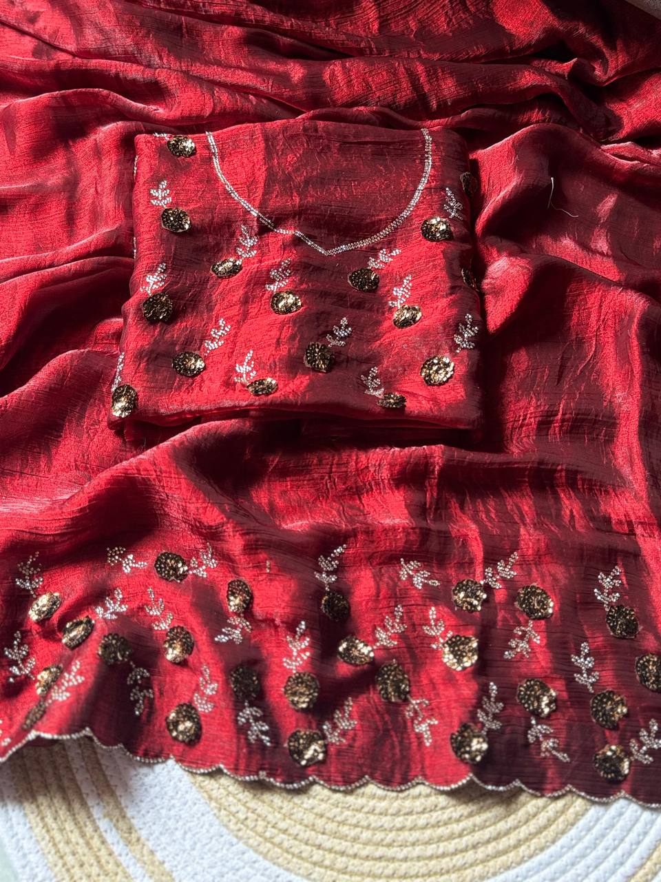 SUPER HIT HANDWORK WITH ZARKHAND DIAMOND 💎 WORK SAREE - RED