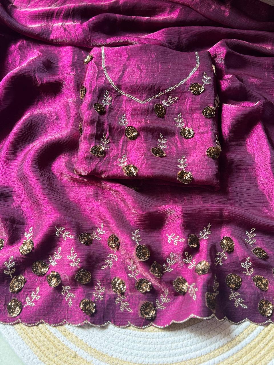 SUPER HIT HANDWORK WITH ZARKHAND DIAMOND 💎 WORK SAREE - WINE