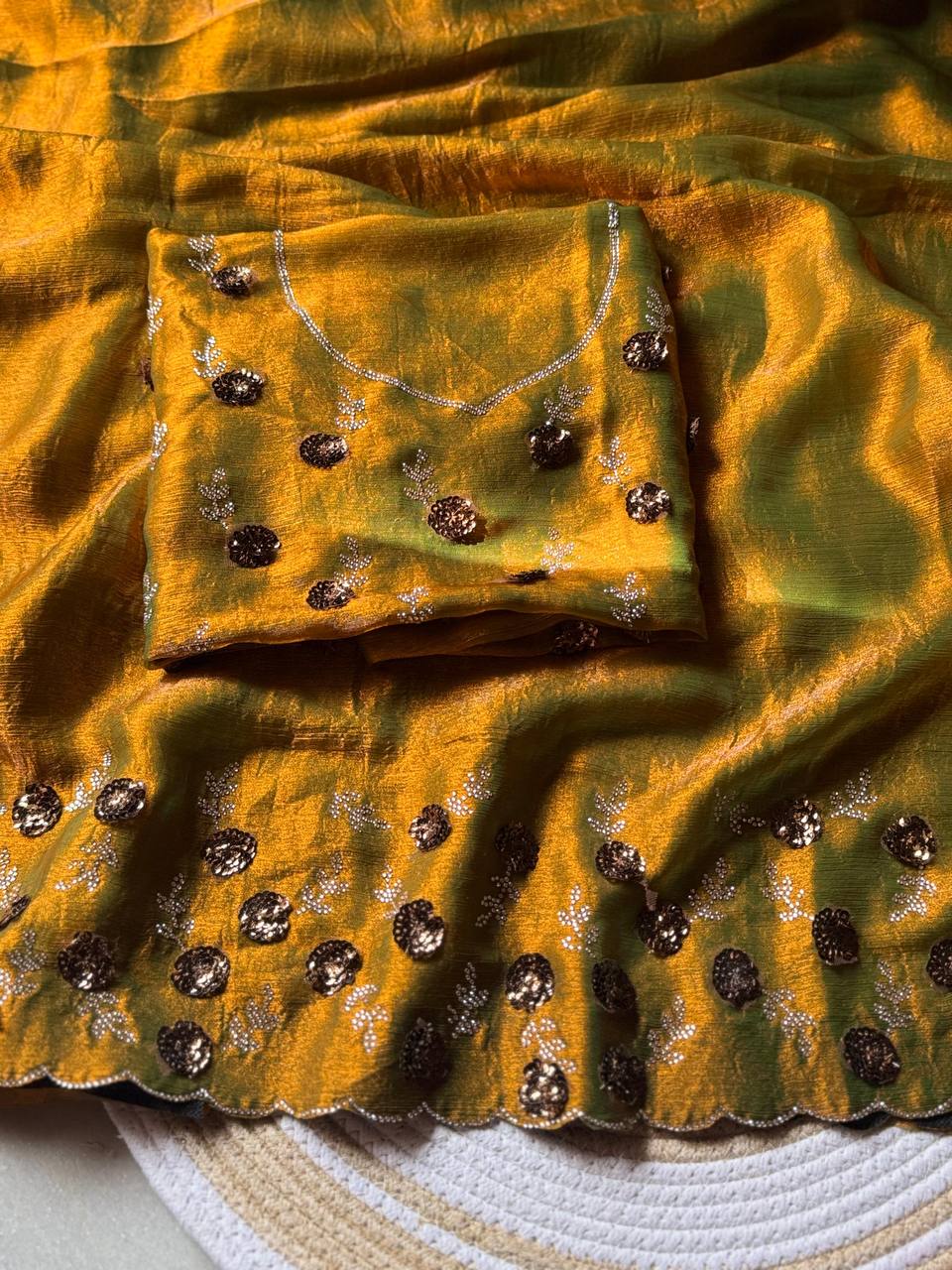 SUPER HIT HANDWORK WITH ZARKHAND DIAMOND 💎 WORK SAREE - LEMON YELLOW