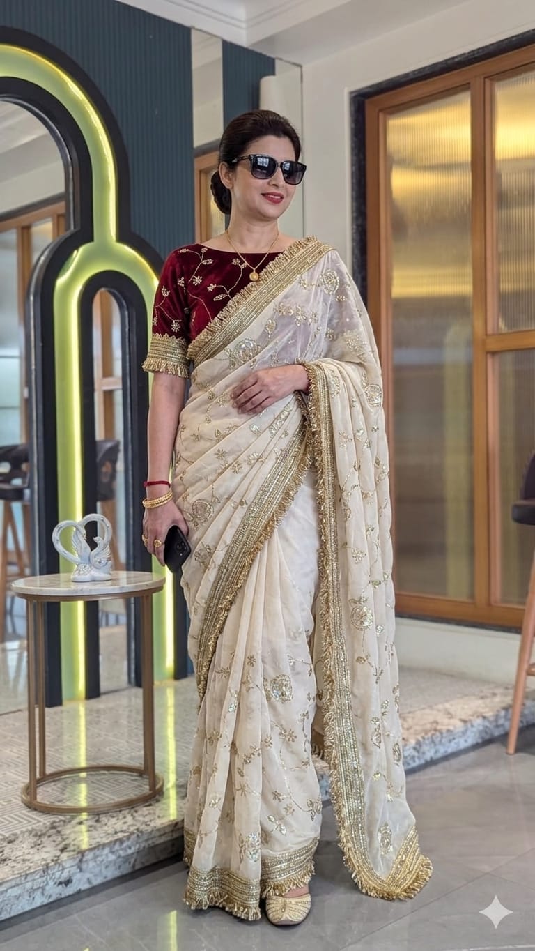 Premium Fendy Satin Space Silk Saree with Full Sequence Work