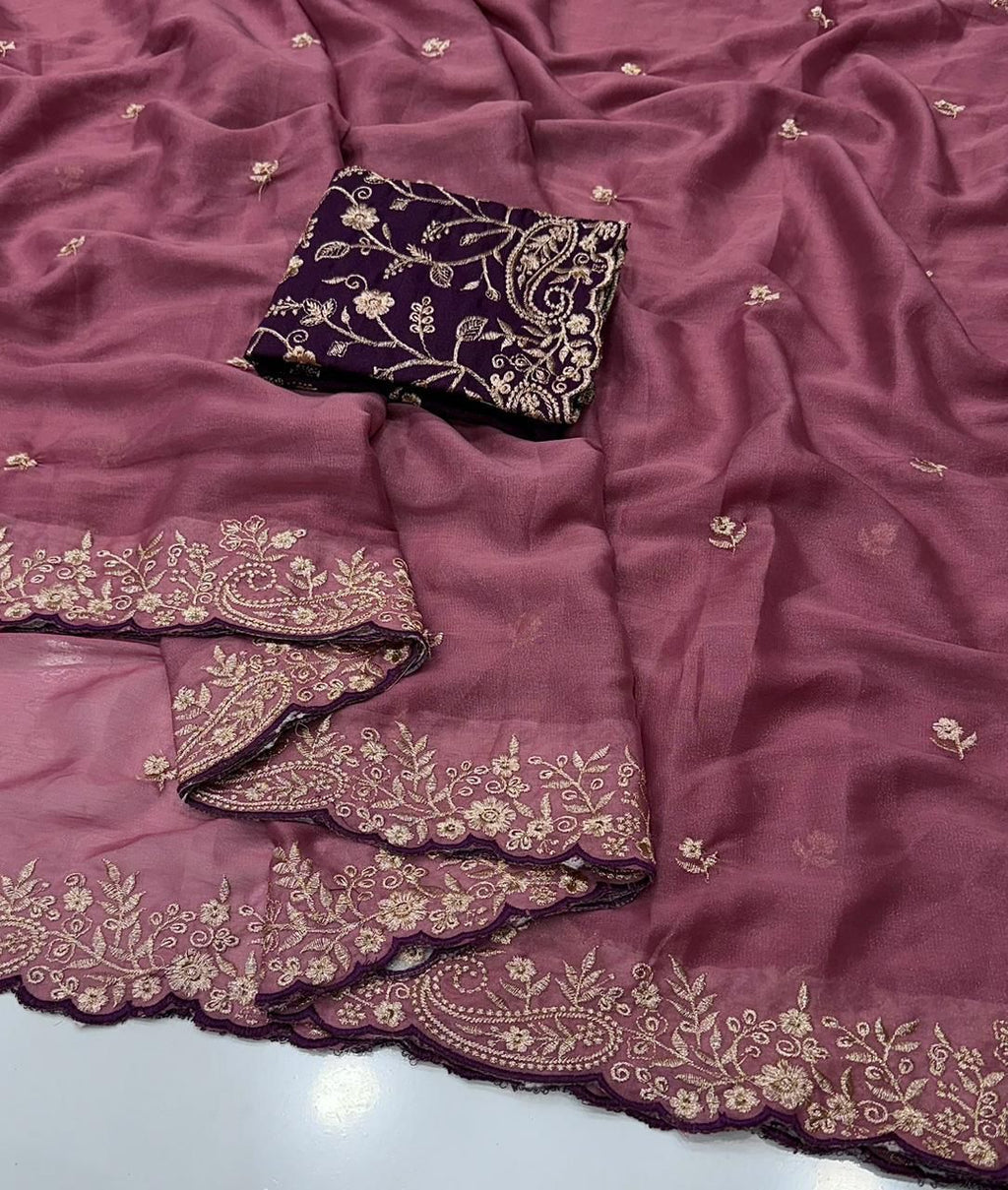 Moonlit Elegance Premium Star Georgette Saree With Multi Embroidery Designer Border - ONION PINK