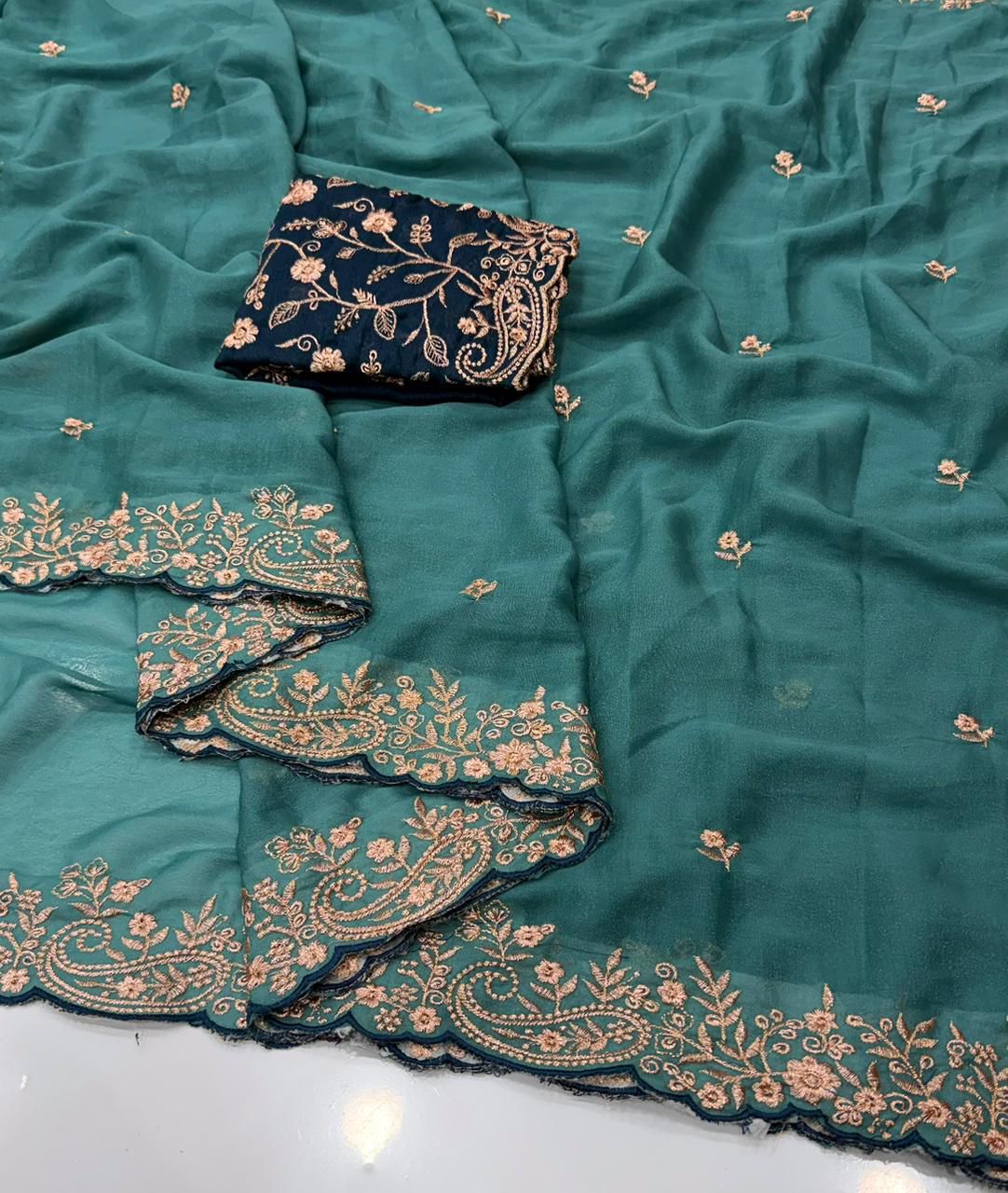 Moonlit Elegance Premium Star Georgette Saree With Multi Embroidery Designer Border - SEA GREEN