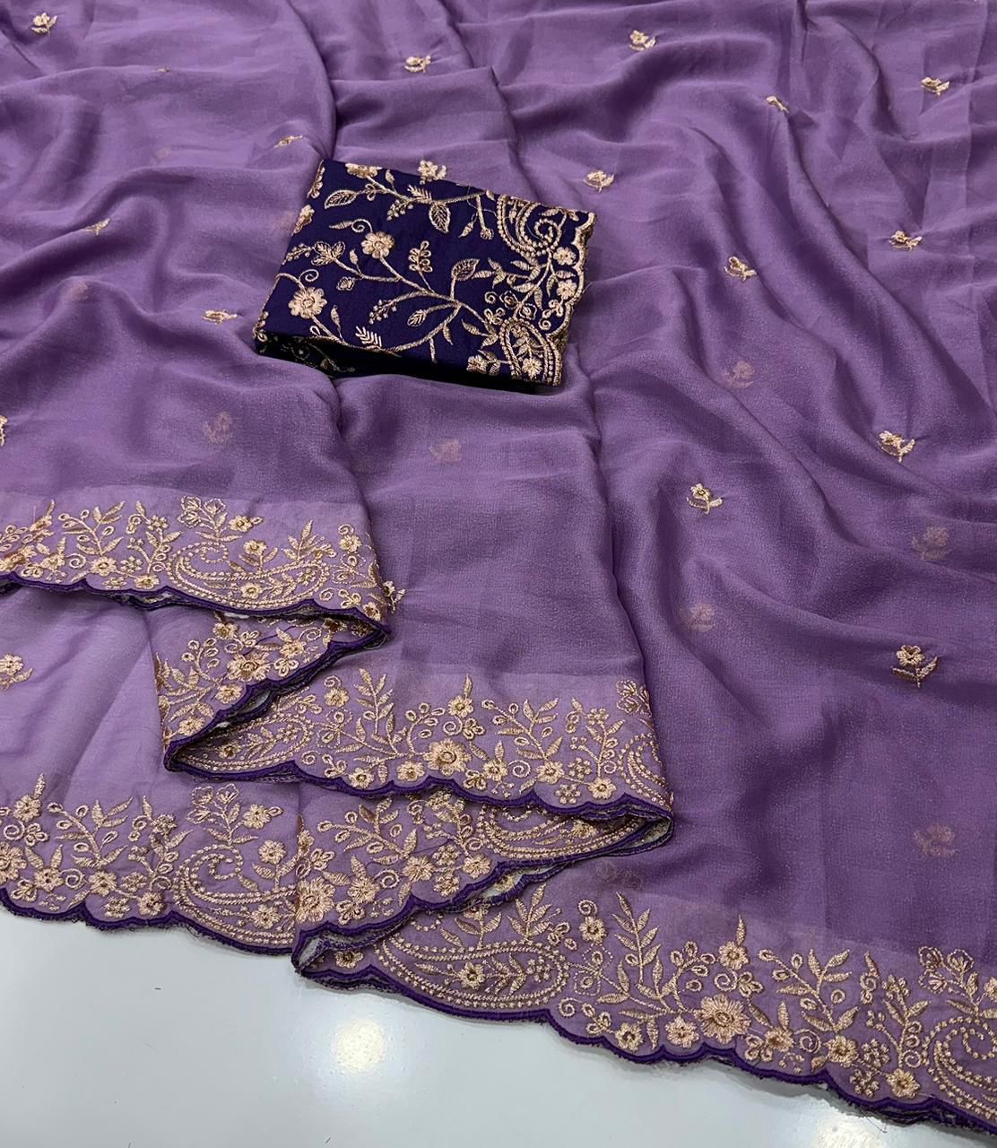 Moonlit Elegance Premium Star Georgette Saree With Multi Embroidery Designer Border - LIGHT PURPLE