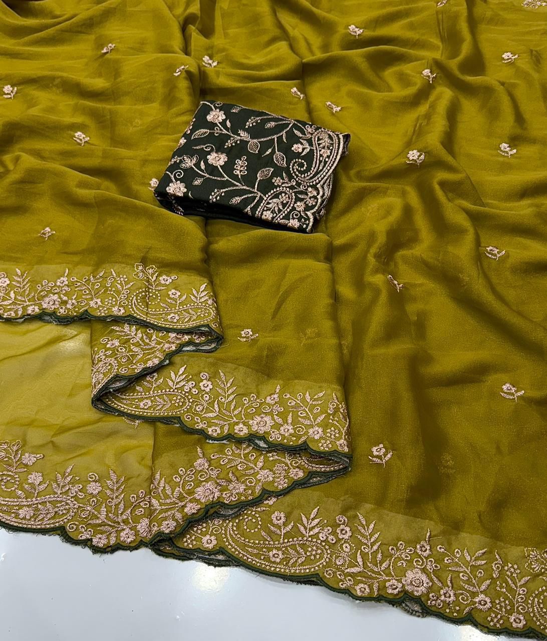 Moonlit Elegance Premium Star Georgette Saree With Multi Embroidery Designer Border - DARK YELLOW