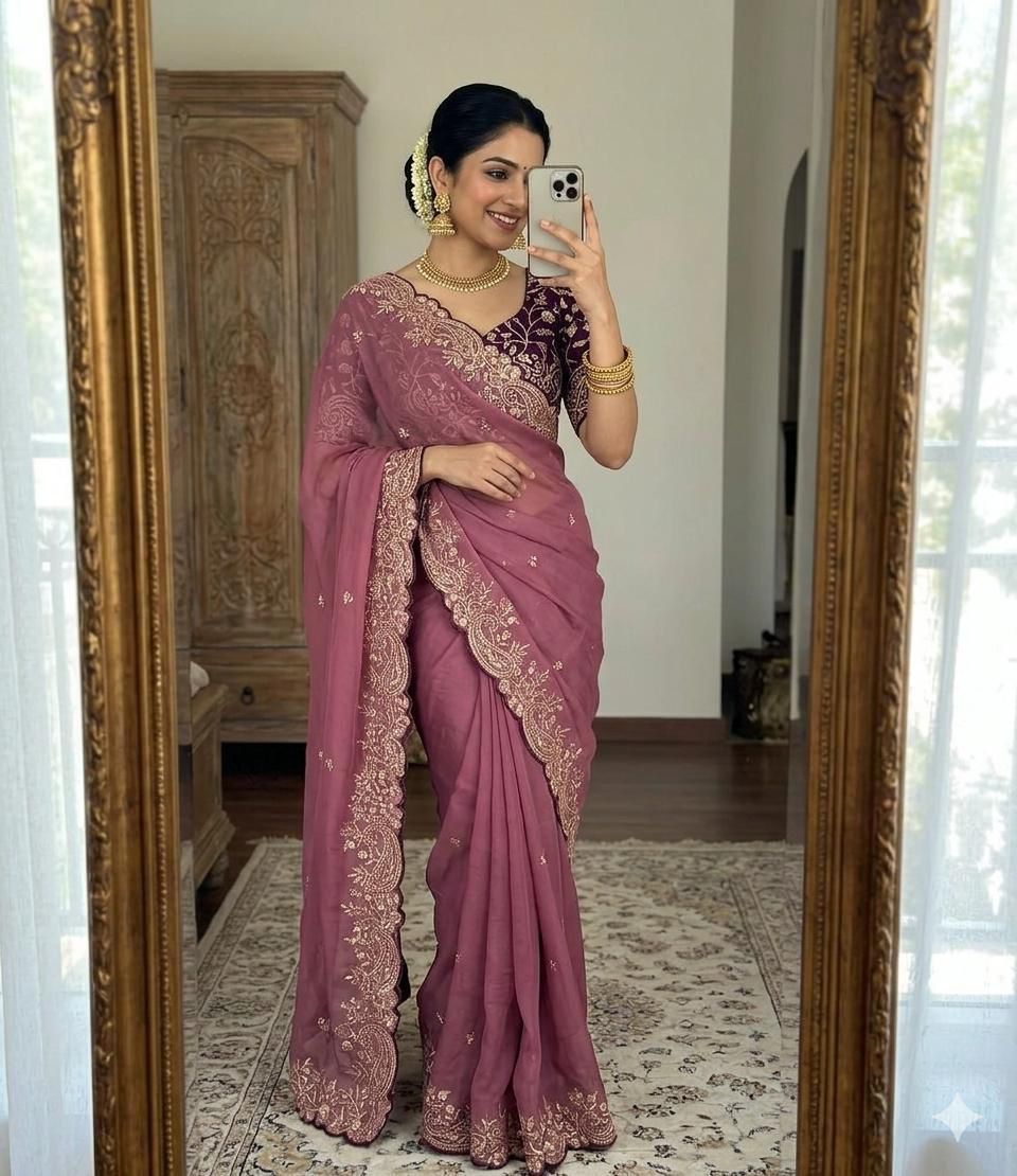 Moonlit Elegance Premium Star Georgette Saree With Multi Embroidery Designer Border - ONION PINK