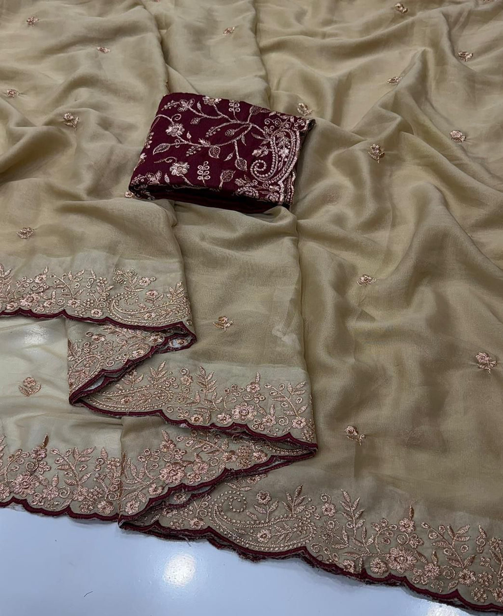 Moonlit Elegance Premium Star Georgette Saree With Multi Embroidery Designer Border - CREAM