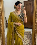 Moonlit Elegance Premium Star Georgette Saree With Multi Embroidery Designer Border - DARK YELLOW