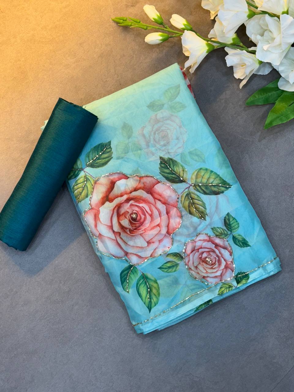 BEAUTIFUL ORGANZA FLOWER HANDWORK SAREE