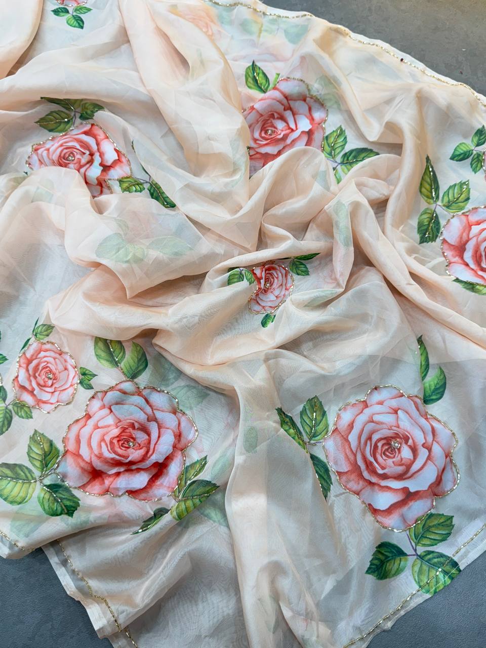 BEAUTIFUL ORGANZA FLOWER HANDWORK SAREE