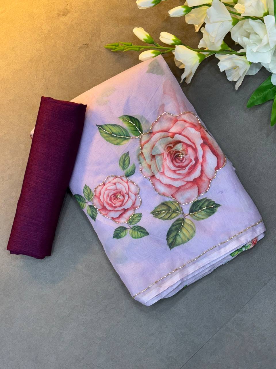 BEAUTIFUL ORGANZA FLOWER HANDWORK SAREE