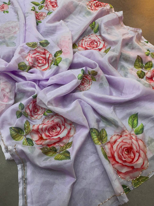 BEAUTIFUL ORGANZA FLOWER HANDWORK SAREE