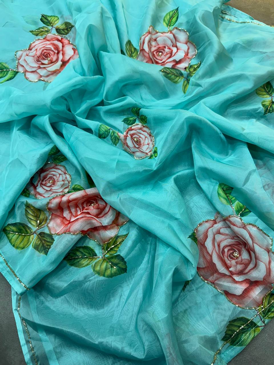 BEAUTIFUL ORGANZA FLOWER HANDWORK SAREE