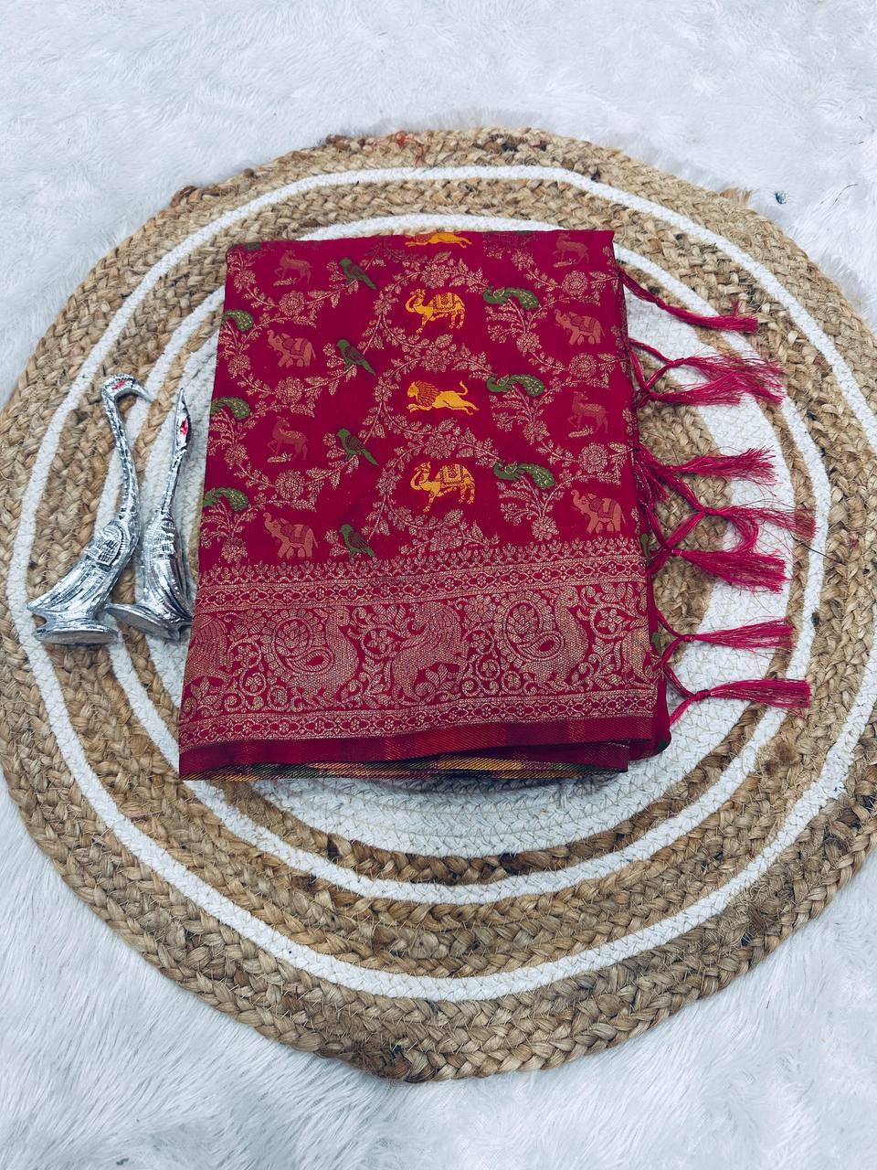Pure Naylon kadi Creap Georgette jangal theem meenakari jaqurad weveing body ,border with Rich pallu