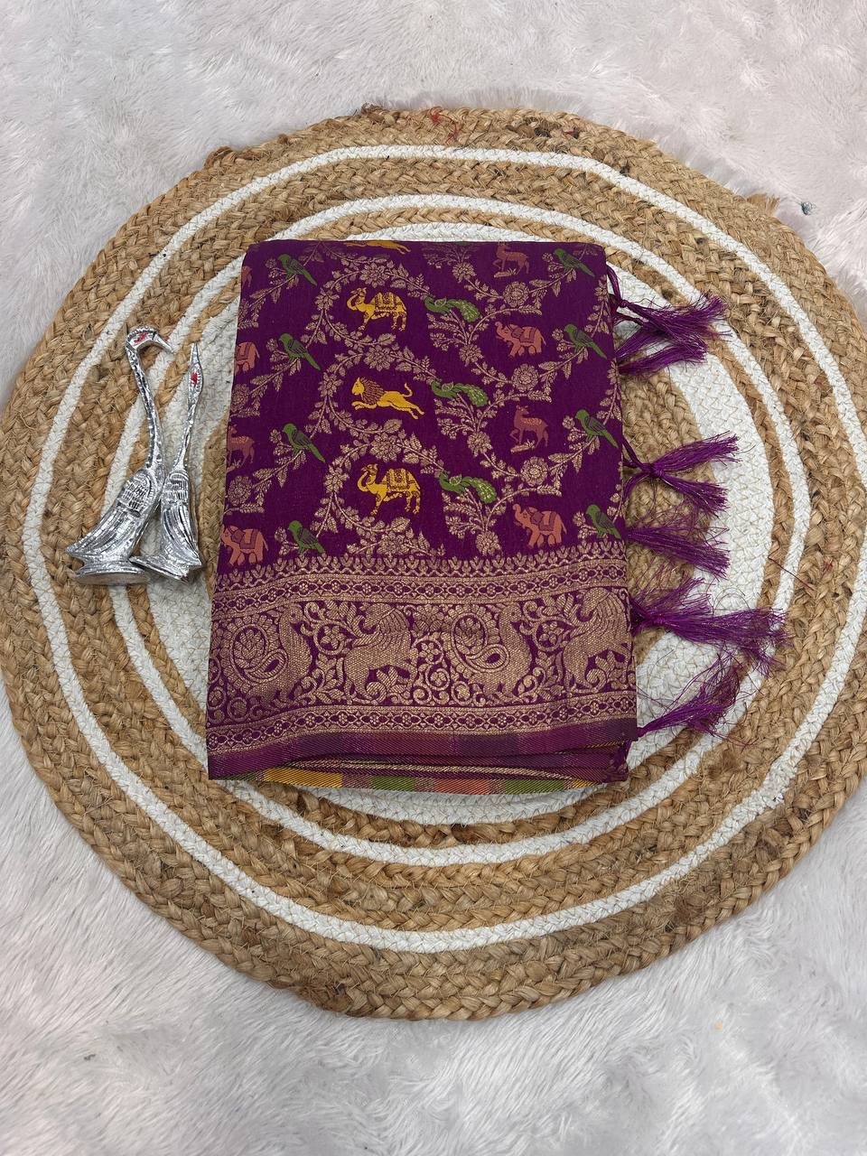 Pure Naylon kadi Creap Georgette jangal theem meenakari jaqurad weveing body ,border with Rich pallu