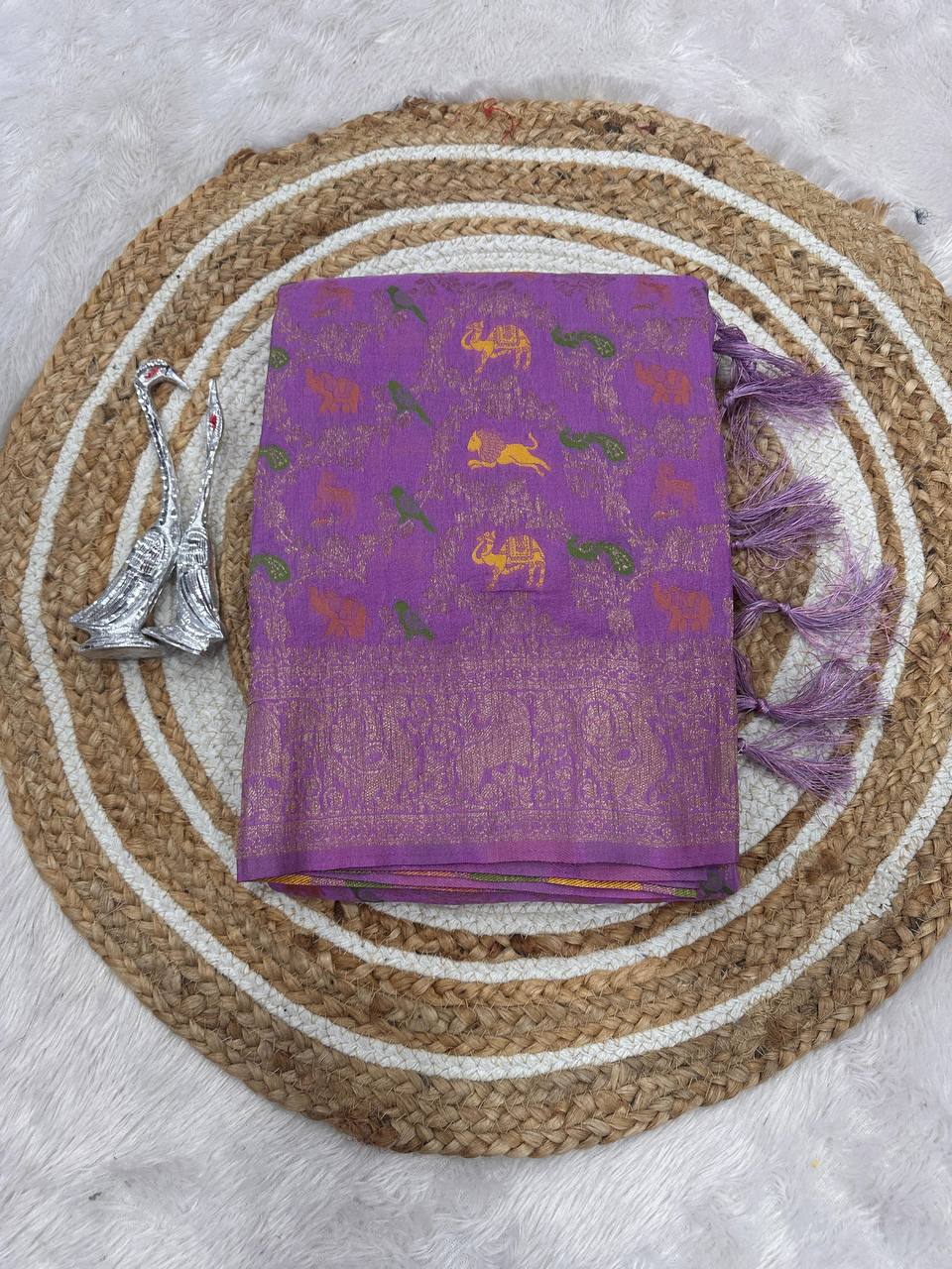 Pure Naylon kadi Creap Georgette jangal theem meenakari jaqurad weveing body ,border with Rich pallu