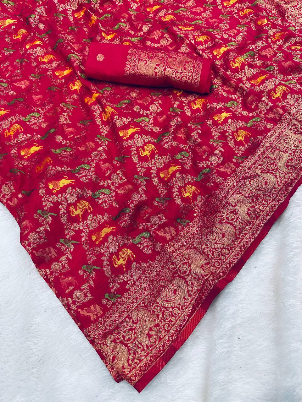 Pure Naylon kadi Creap Georgette jangal theem meenakari jaqurad weveing body ,border with Rich pallu