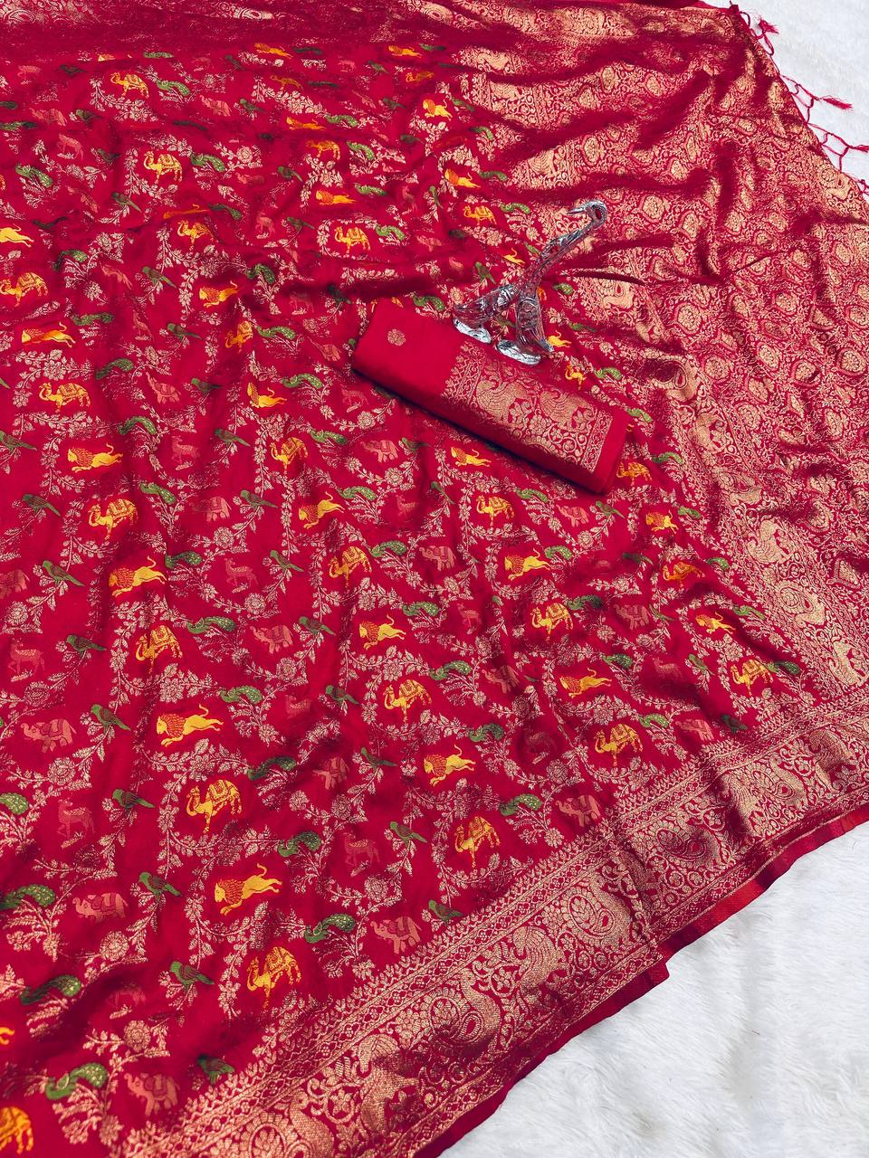 Pure Naylon kadi Creap Georgette jangal theem meenakari jaqurad weveing body ,border with Rich pallu