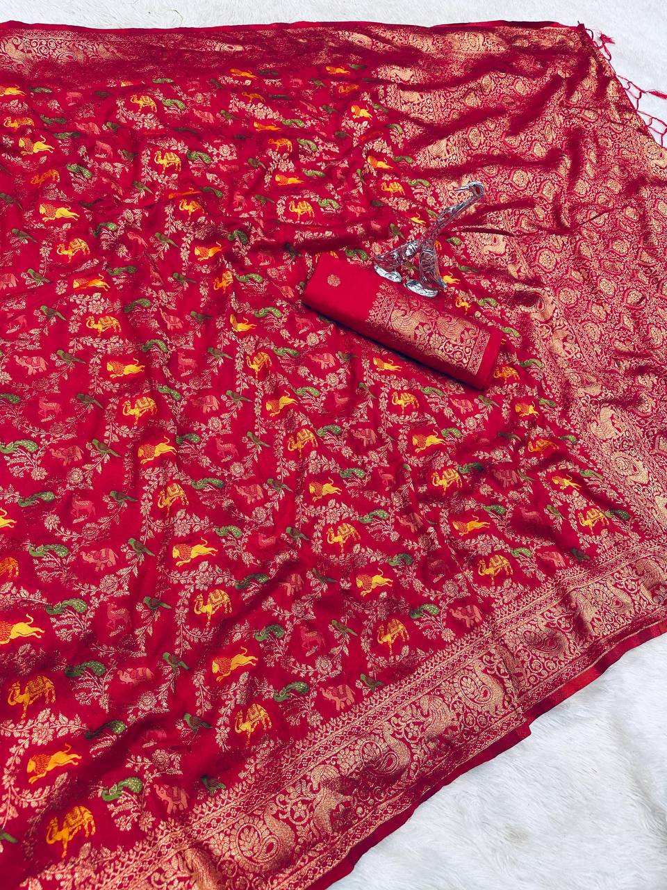 Pure Naylon kadi Creap Georgette jangal theem meenakari jaqurad weveing body ,border with Rich pallu