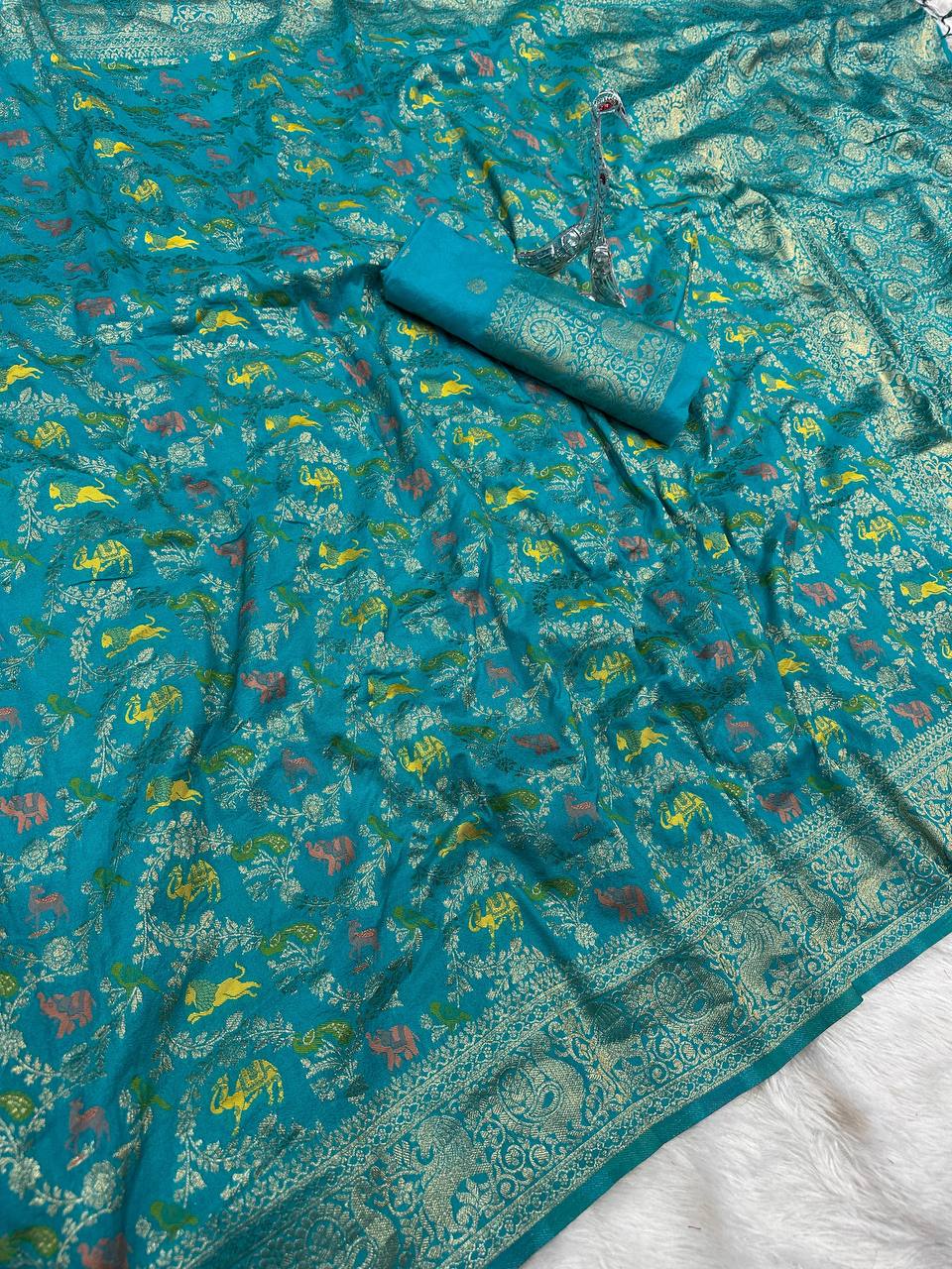 Pure Naylon kadi Creap Georgette jangal theem meenakari jaqurad weveing body ,border with Rich pallu