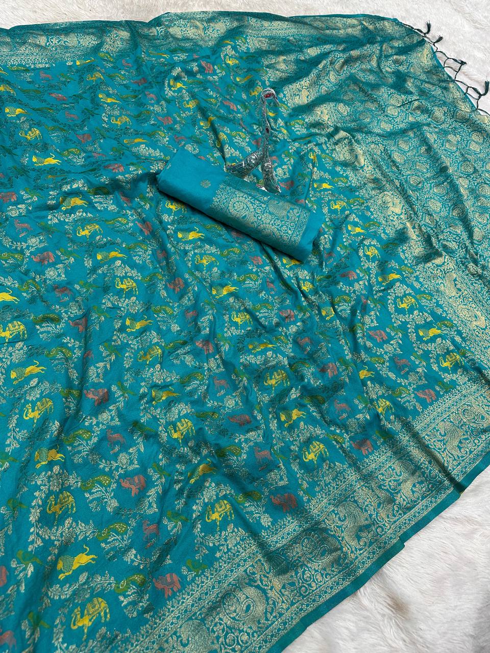 Pure Naylon kadi Creap Georgette jangal theem meenakari jaqurad weveing body ,border with Rich pallu