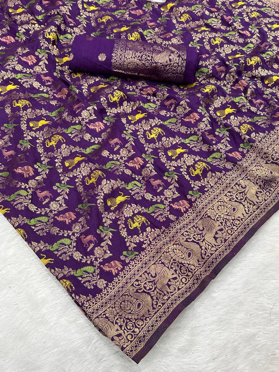 Pure Naylon kadi Creap Georgette jangal theem meenakari jaqurad weveing body ,border with Rich pallu