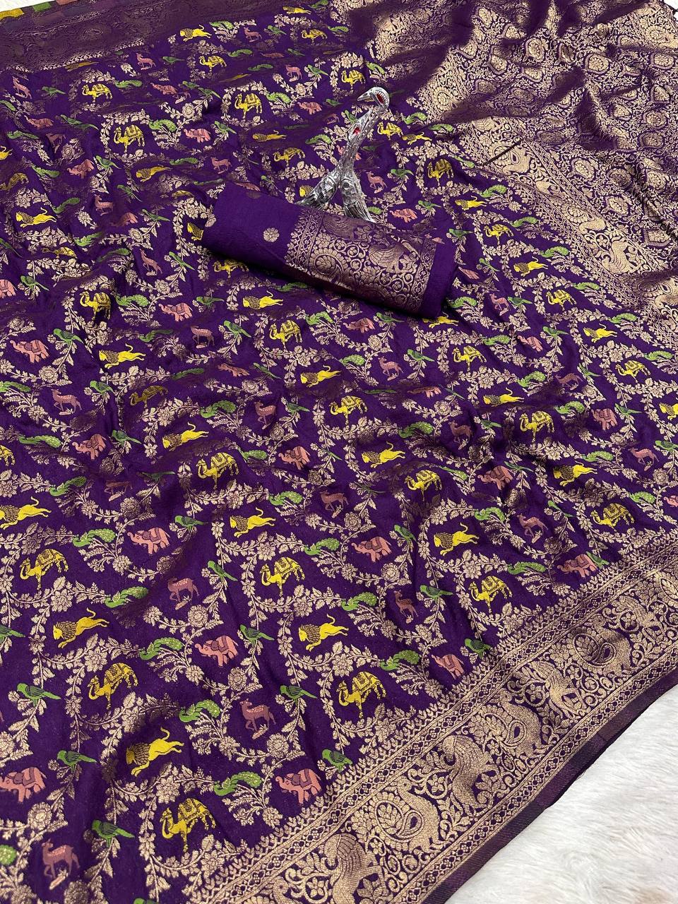 Pure Naylon kadi Creap Georgette jangal theem meenakari jaqurad weveing body ,border with Rich pallu